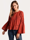 Glam Solid Eyelet Long Sleeve Peasant Top