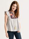 THML Ruffle Sleeve Embroidered Bib Top